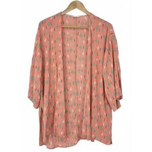 Crescent Coral Pink Southwest Cactus Print Open Front Kimono Cardigan Sz Large